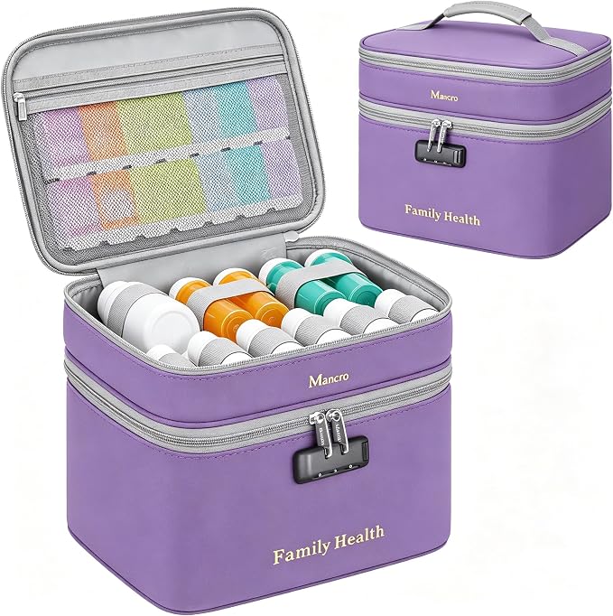 Mancro Lockable Medicine Bag, 2-Layer Pill Bottle Organizer Storage | Adjustable Dividers, Medication Travel Case for Pill, Vitamins & Supplements, Medicine Organizer for Dorm, Home Use and Trips