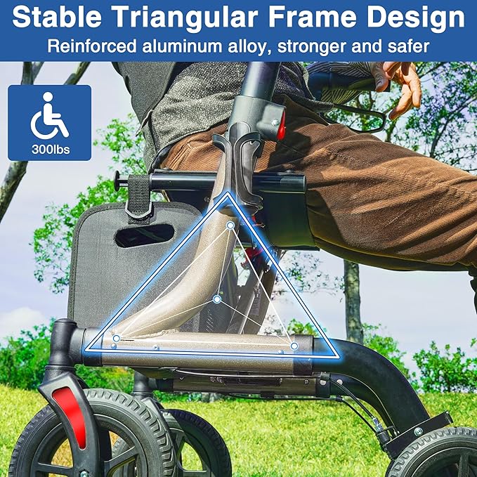 Walkers for Seniors with Seat, Foldable Rollator Walker, Reinforced Aluminum Frame, 10" Big Rubber Wheels for All Terrain, Built-in Cable, Lightweight Rolling Walker, Golden