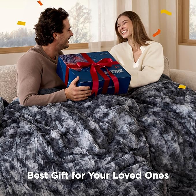 Bedsure Faux Fur Electric Blanket Queen Size, Dual Control Heated Blanket Queen, Fast Heating Blanket with 10 Heating Levels & 10 Time Settings, Cozy Gifts for Women Men (84x90 inches, Denim Blue)