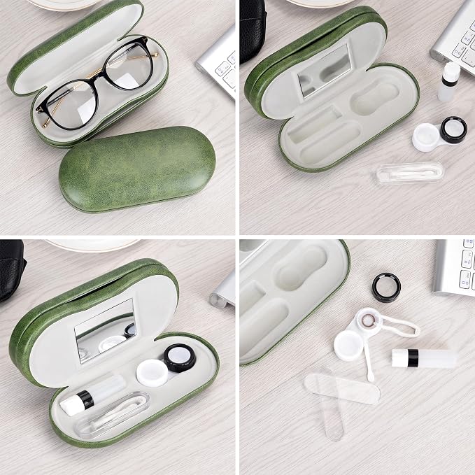 Muf 2 in 1 Contact Lens Case and Glasses Case, Double Sided Design with Mirror, Portable Travel Kit with Tweezer, Remover and Solution Bottle, Green