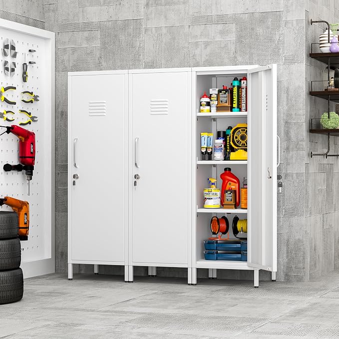 pozdeg 47.24" Metal Storage Locker with Lockable, Employees Metal Steel Locker with 1 Door & 3 Adjustable Shelves, Small Locker Storage Cabinets for Home, School, Office, Gym (White)