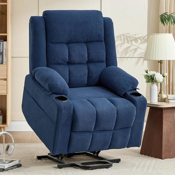 Power Lift Chair Recliners for Elderly with Heat and Massage, Recliner Chairs for Adults, Upgraded Fabric Recliner with USB & Type-C Charge Port, Cup Holders,Navy Blue,L9912