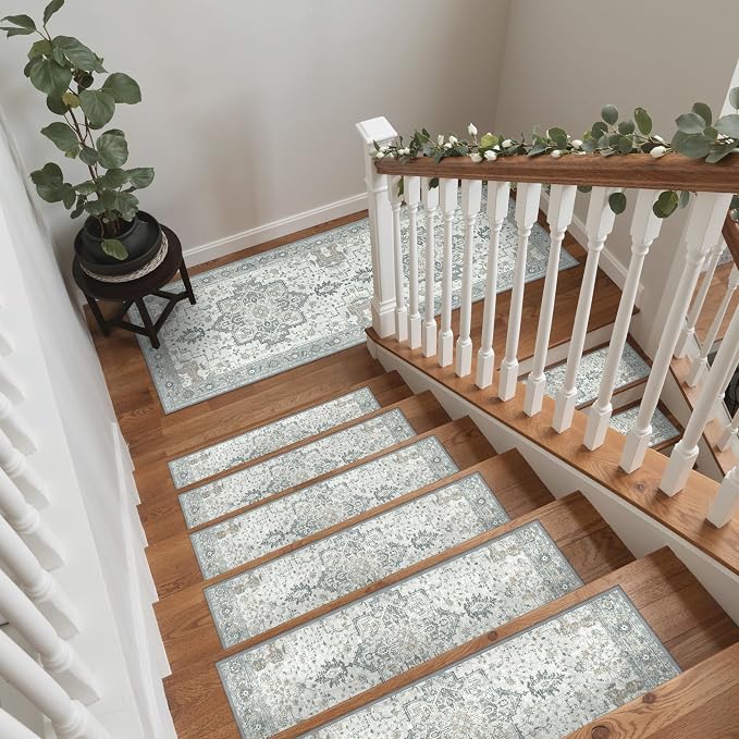 SARBEN 24"x60" Non Slip Stair Treads for Wooden Steps 1 Pack, Taupe | Peel and Stick Carpet Stair Runner with TPE Adhesive Backing, Carpet for Added Safety, Pet and Senior Friendly