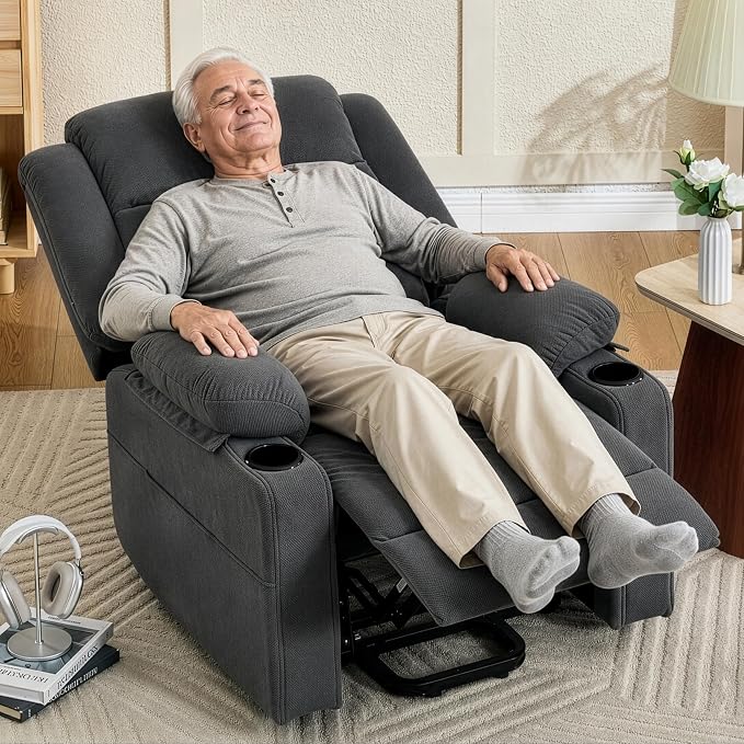 Power Lift Recliner Chair for Elderly Adults with Massage and Heat, Fabric Electric Recliner Sofa with Side Pocket, Two Cup Holders for Living Room L9912 (Dark Grey)