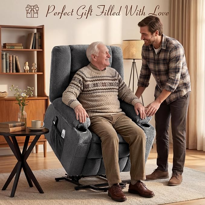 Power Lift Recliner Chair for Elderly, Electric Reclining Lift Chair with Massage and Heating, Comfy Overstuffed Recliner Single Sofa with Cup Holders, Pockets, USB Charge Port for Living Room, Grey