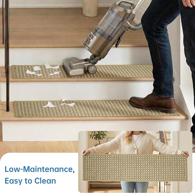 Chenille Stair Treads for Wooden Steps 8"x30" (7 Pack), Ultra Soft Non-Slip Carpet Stair Runners Indoor, Peel and Stick Self-Adhesive Step Rugs for Kids & Dogs, Machine Washable, Beige