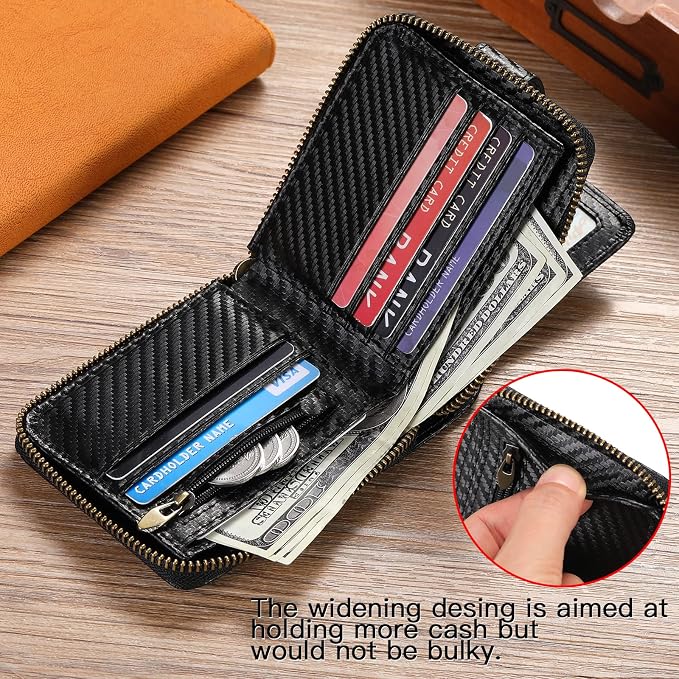 GOIACII Zipper Wallet for Men Genuine Leather RFID Blocking Mens Wallet with Zipper Coin Pocket ID Window Zipper Wallets Large Capacity