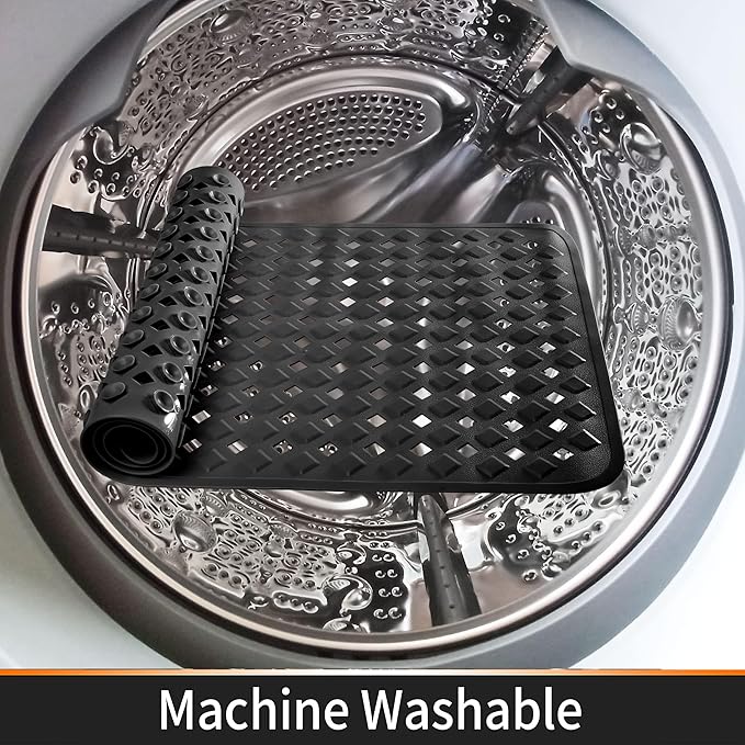 Yimobra Bathtub Mat Non Slip, Super Strong Suction Cups, 27.5"x15.5" Long Shower Mat with Drain Holes, Machine Washable Fast Draining Bath Mats, Bathroom Essentials,Black