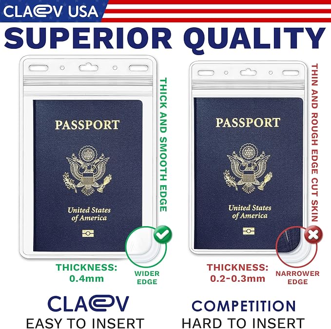 Claev Fast Seal Vertical 4x6 Passport & Card Holders (4x6 Extra Large (XXL), 250 Pack), Clear Waterproof ID Plastic Name Card Badge Holders for Travel, Conferences, Conventions | Bulk clear waterproof ID badge holders, fits 4 x 6 insert cards with fast...