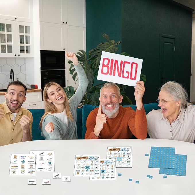 Fishing Bingo Game - Let's Go Fishing Bingo Card - 24 Players Game Set Indoor Outdoor Activities - Camping Party, Birthday Party Favors Supplies -A01