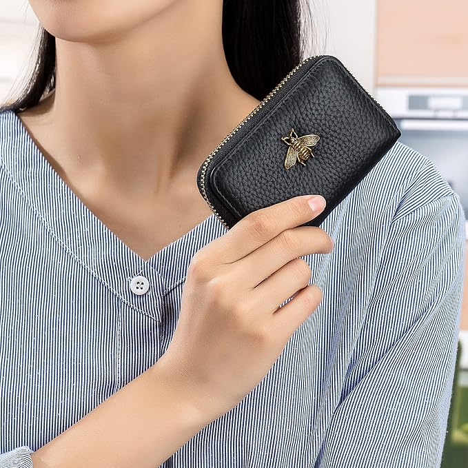 imeetu RFID Credit Card Holder, Small Card Wallet Women, Leather Card Case | Genuine Leather Women's Card & id Cases, Change Coin Purse with Zipper Keychain id Window, 20 Colors & 3 Styles, Daily, Gifts