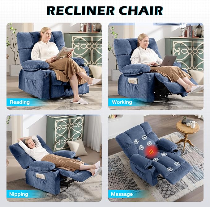 MAHOMICO Oversized Recliner Chair with Massage and Heat, 360° Swivel Rocker | Fabric swivel rocker recliner with ergonomic support, USB charging, cup holders and side pocket for living room