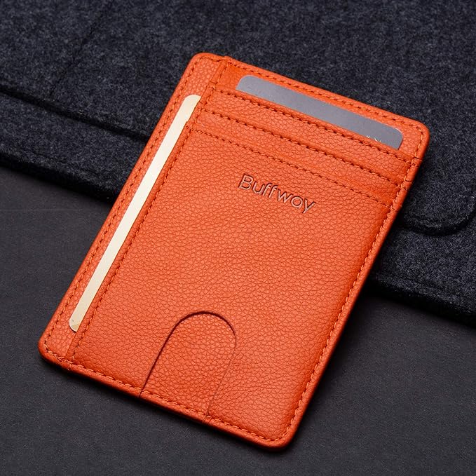 Buffway Slim Minimalist Front Pocket RFID Blocking Leather Wallets for Men and Women - Lichee Orange