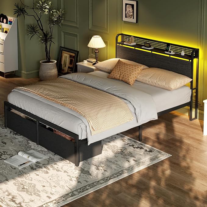Queen Bed Frame with Headboard Storage, Charging Station, Drawers | 2-Tier Wood Shelves,LED Lights,1200 Lbs Capacity,USB & Type-C Ports,No Box Spring Needed,Noise Free,Easy Assembly,Rustic Grey