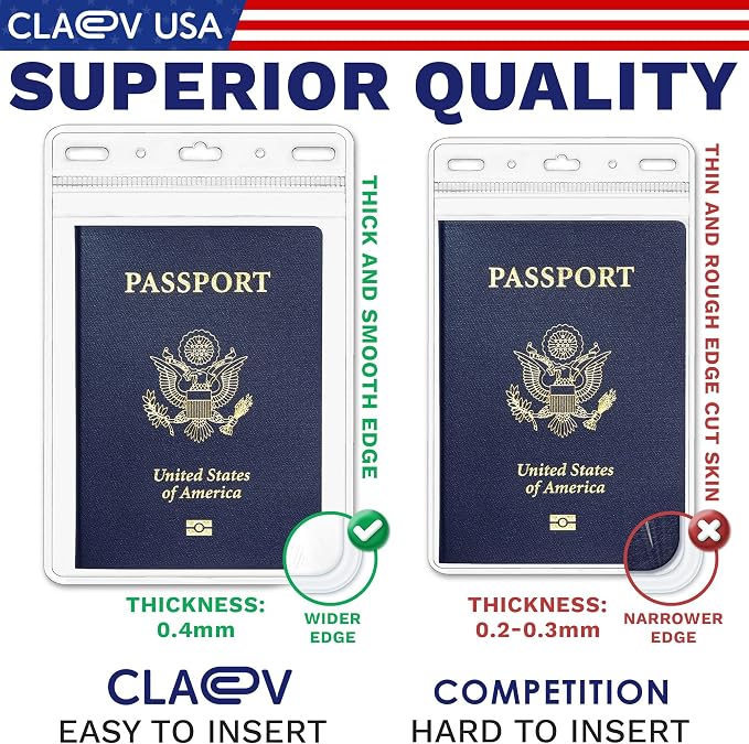 Claev Flexible and Tear Resistant Vertical 4x6 Passport & Card Holders (4x6 Extra Large (XXL), 100 Pack), Clear Zipperless ID Plastic Name Card Badge Holders for Travel, Conferences, Conventions | Bulk clear waterproof ID badge holders, fits 4 x 6 inse...