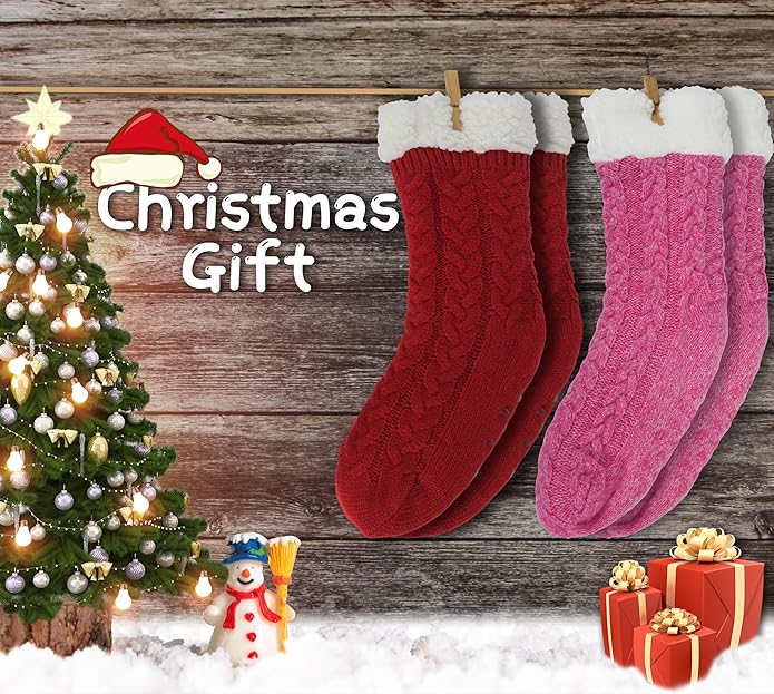 BenSorts Women Winter Thick Slipper Socks with Grippers Non Slip Warm Fuzzy Socks Christmas Gifts