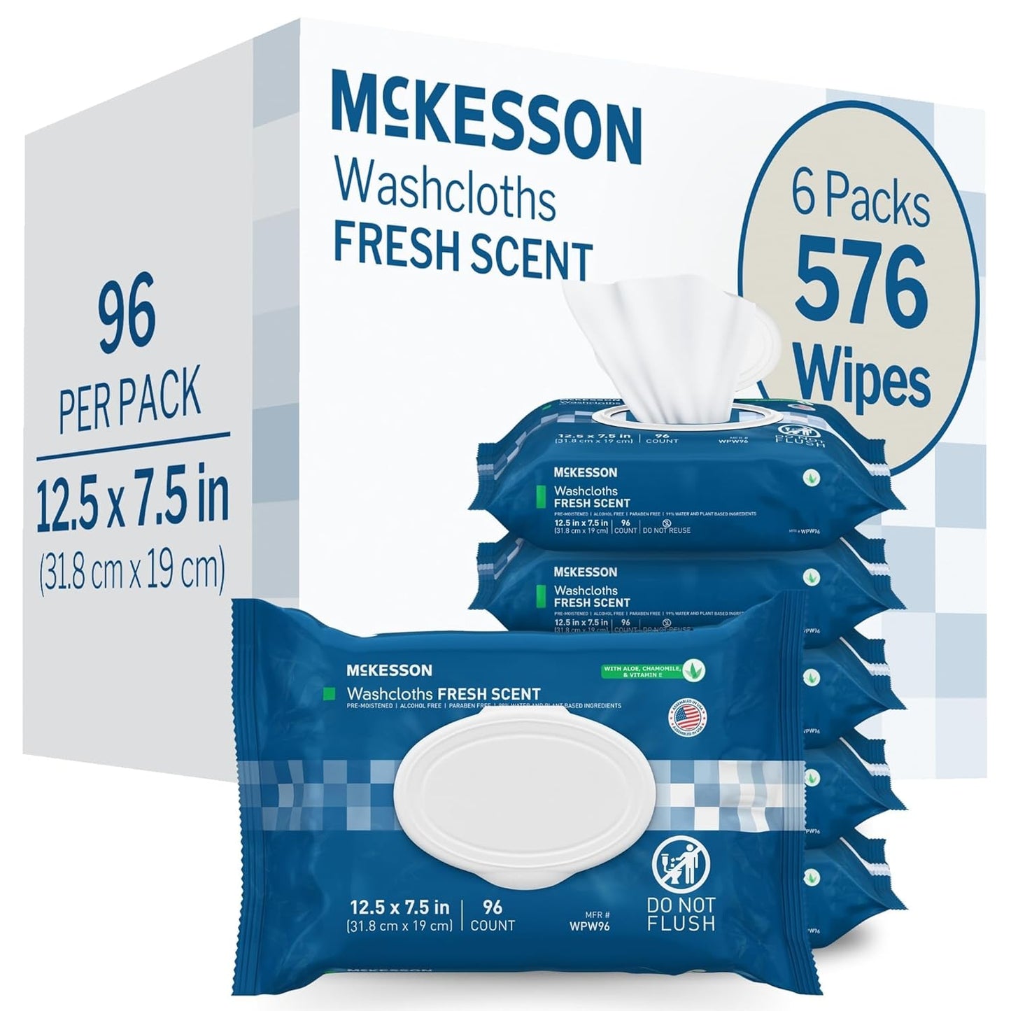 McKesson Washcloth Wipes for Adults, Scented (6 Pack, 576 Washcloths) Disposable Wash Cloths for Body