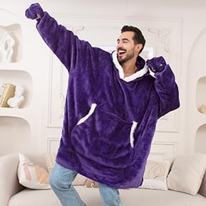 JOYWOO Purple Foldable Wearable Blanket Hoodie with Gloves,Oversized Cat Lovers Sweatshirt Blanket for Adult, Birthday Gifts for Women,Mom,Grandma,Cozy Sherpa Blanket with Giant Pocket Winter Gifts