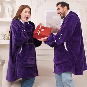 JOYWOO Purple Foldable Wearable Blanket Hoodie with Gloves,Oversized Cat Lovers Sweatshirt Blanket for Adult, Birthday Gifts for Women,Mom,Grandma,Cozy Sherpa Blanket with Giant Pocket Winter Gifts