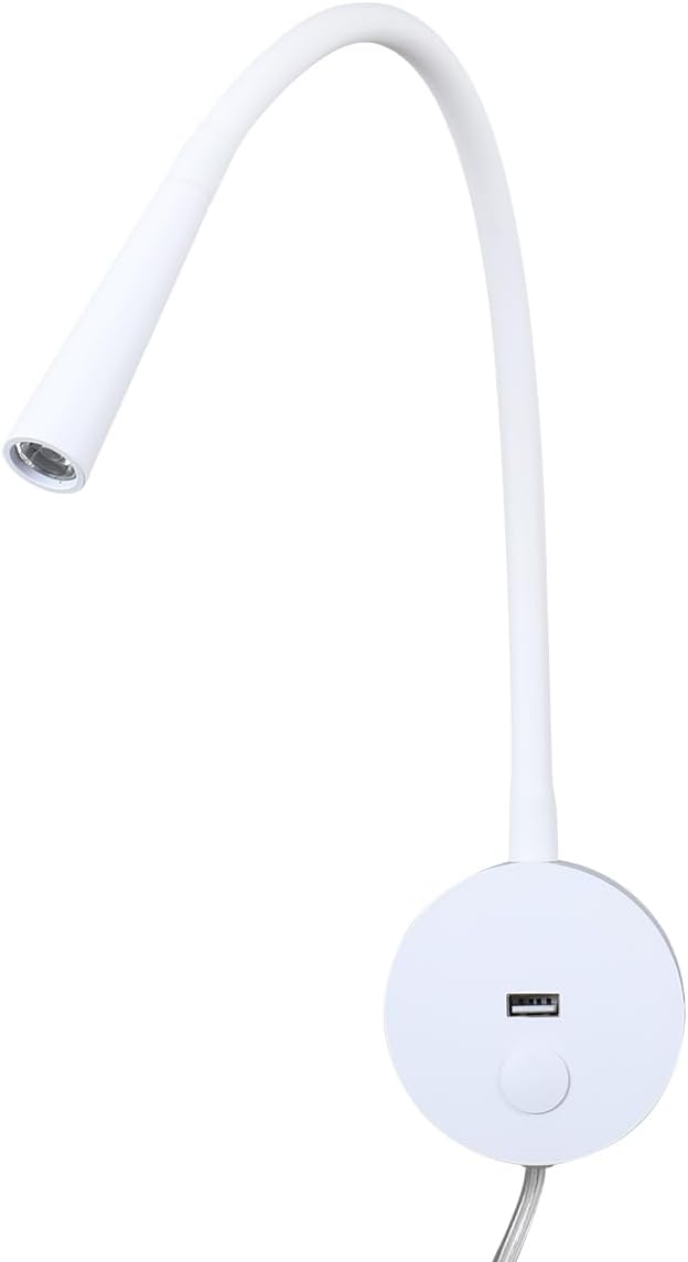 Wall Mounted Reading Lamp USB Charger Matt White LED 3W Warm White 3000K Plug for Reading (White USB Charger Dimmer 2pcs)