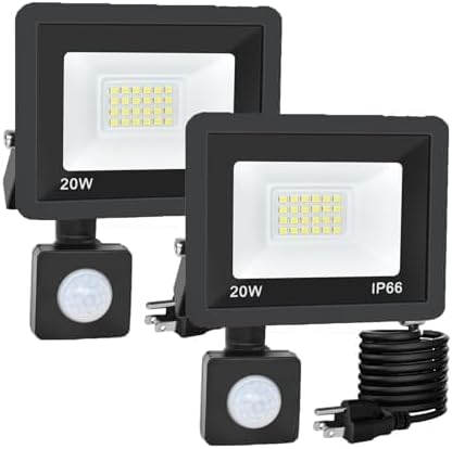 Motion Sensor Outdoor Lights, Plug in Flood Lights Outdoor Motion Sensor,20W Dusk to Dawn Outdoor Lighting 6000K Waterproof,Adjustable Wall Security Lights for Garage, Porch, Yard (2 Pcs)