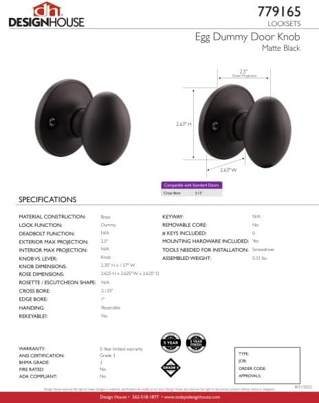 Design House Egg Dummy Door Knob, One-Sided Non-Turning Decorative Door Knob for Closet and French Doors, Matte Black, 779165 | Surface, Traditional, Brass, Hardware, 779165