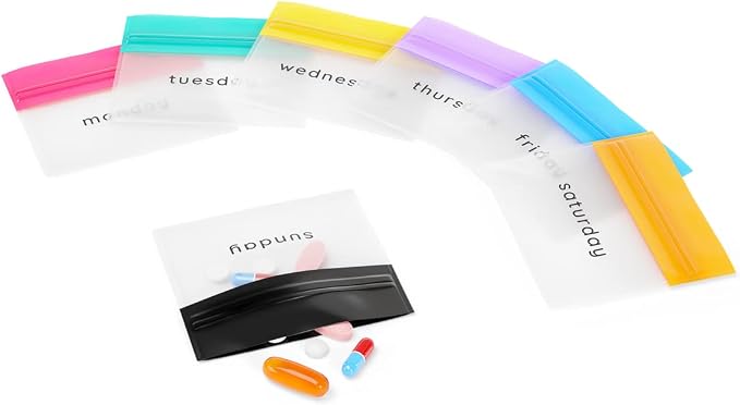 Ezy Dose Reusable 7-Day Travel Pill Pouch Set, Colored Days of the Week | Durable Travel-Sized Baggies, Includes Days of The Week Labels w/Color for Easy Identification, Silicone Storage
