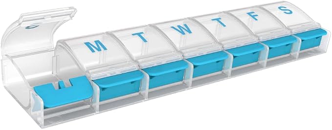 EZY DOSE Weekly (7-Day) AM/PM Daily Pill Organizer, Vitamin Case, and Medicine Container, X-Large Compartments, Arthritis Friendly, Convenient with Effortless Portability, Clear/Blue Lids, BPA Free
