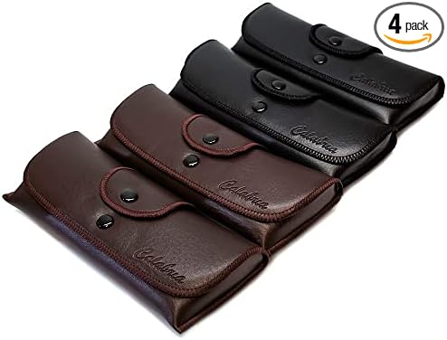 Calabria Double Snap Belt Loop Eyeglass Case PU Leather Black Brown 4Pack Vintage Eye Glasses Pouch SemiHard Sunglass Holder