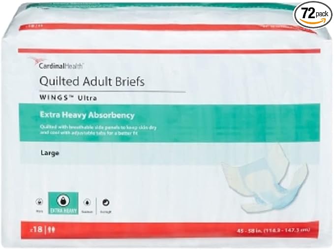 Cardinal Health Wings Ultra Adult Incontinence Briefs, Size Large (45–58 Inch Waist/Hip), Extra Heavy Absorbency, Quilted, Cloth-Like Backing, Unisex Disposable Adult Diapers – 72 Count