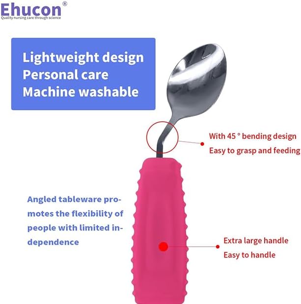 Adaptive Utensils Angled Spoon and Fork for Hand Tremors Parkinsons,Weighted Utensils with Non-Slip Easy Grip Handles for Independent Eating (1pcs Spoon+1pcs Fork=2 pcs,Pink,Left Hand)
