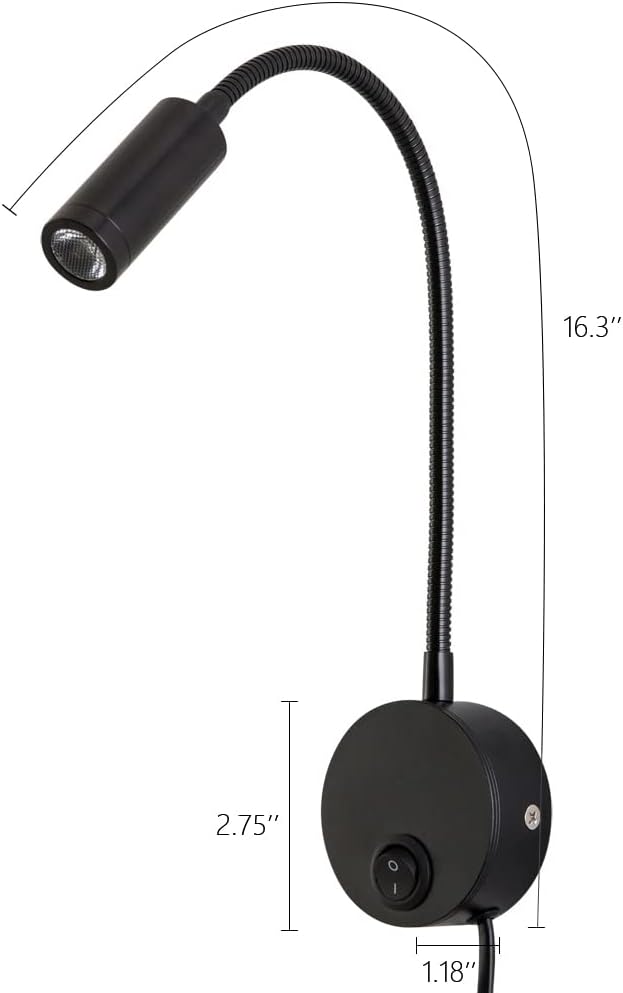 Wall Mounted Reading Light Sconces Lamp LED 3W Warm White 3000K Plug Cord Black Finished 1 Piece