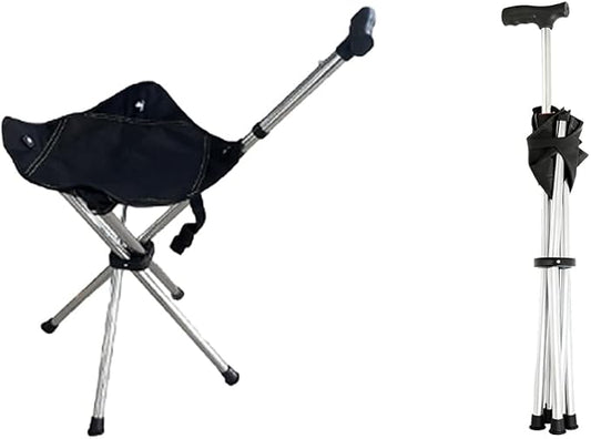 Adjustable Lightweight Travel Stools for Adults, Foldable Easy Carry Cane with Seat, Ideal as Cane Seat Walking Stick Folding Seat 250 Lbs for Camping & Hiking, Black