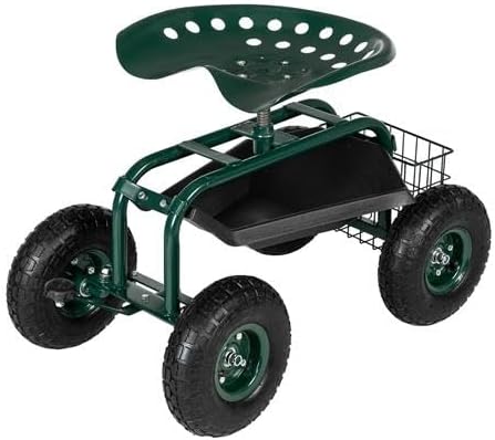 VINGLI Garden Cart with Rolling Seat, Wheels, Steering Handle & Utility Tool Tray, Planting Wagon Scooter, Gardening Tool for Senior, for Patio, Backyard, Lawn & Outdoor (Dark Green)
