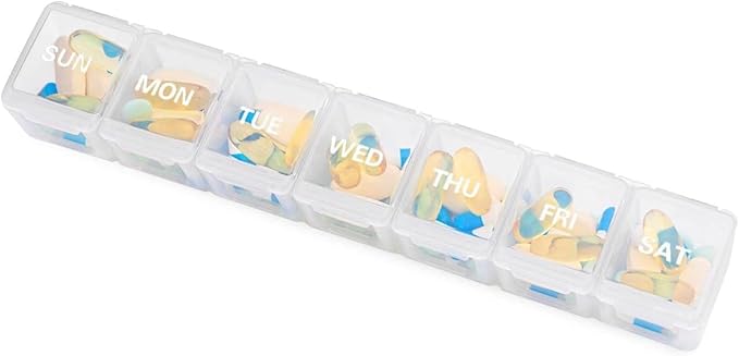 Sukuos Medium Large Weekly Pill Organizer – 7 Day Daily Pill Box, Easy-to-Open Medicine Container with Silkscreen & Clear Lid for Vitamins, Fish Oils or Supplements White