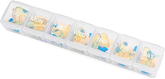 Sukuos Medium Large Weekly Pill Organizer – 7 Day Daily Pill Box, Easy-to-Open Medicine Container with Silkscreen & Clear Lid for Vitamins, Fish Oils or Supplements White