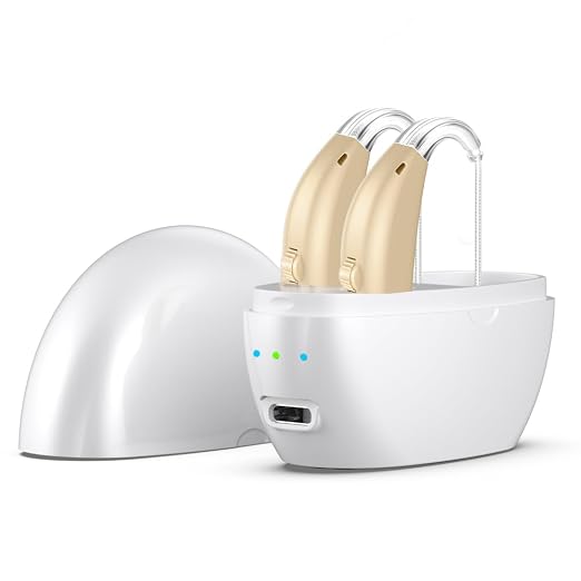 Hearing Aids for Seniors for Daily Use,Rechargeable Hearing Amplifier with Noise Cancelling,Adjustable Volume Control,One Pair Hearing Aid with Charging Box(White)