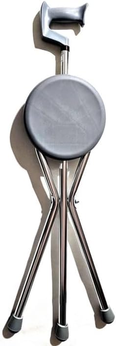 Cane Walking Stick seat Folding Portable Travel Camp Stool Chair Silver 250 Pound