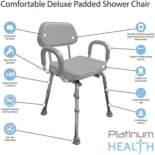 Platinum Health Shower Chair, Bath Chair, Padded with Armrests, Comfortable(tm) Deluxe Shower Chair. Institutional Quality. (Gray)