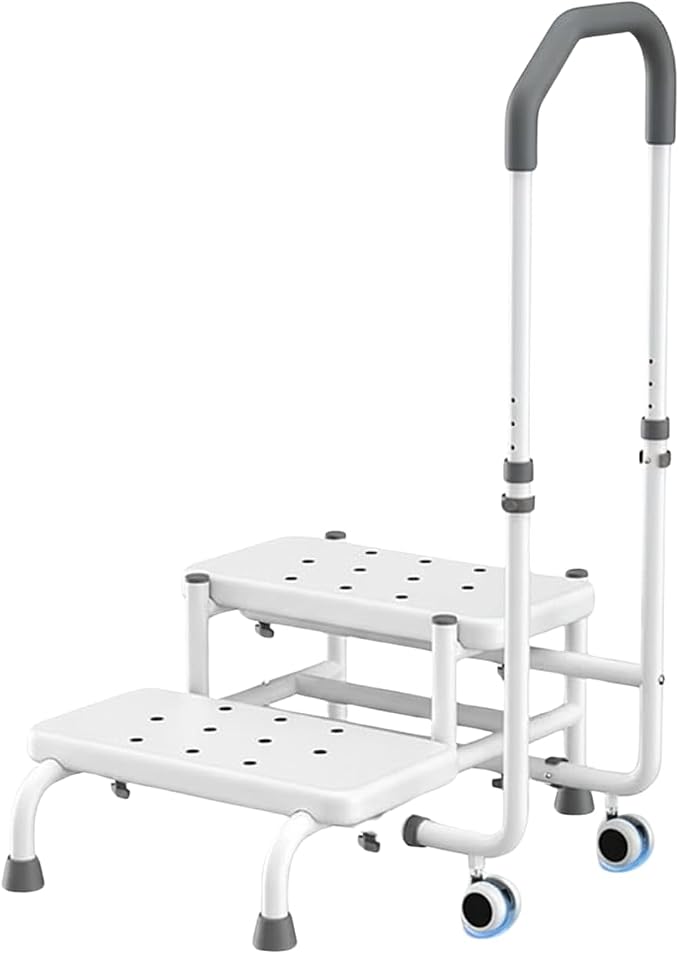 2 Step Stool with Handle & Wheels for Seniors, for Grandpa White | 400 lbs Capacity, Heavy Duty Bed Step for High Beds, Adjustable 5-Level Handrail, Non-Slip Wide Steps, Non-Skid Rubber Feet