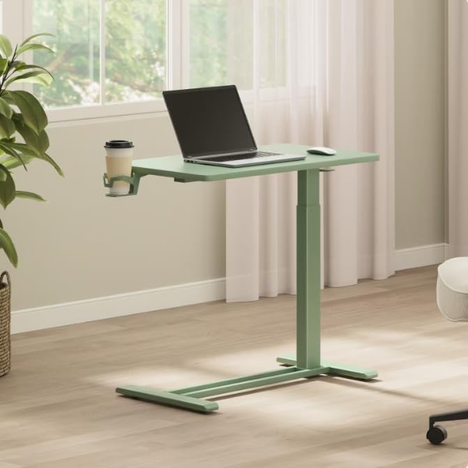 FLEXISPOT H7 28" Pneumatic Height-Adjustable Overbed Table with Wheels | C-shaped bedside table TV Tray,Medical End Side Table,Laptop desk for sofa and home office use,27.6"W x 15.7"D,Mint Green