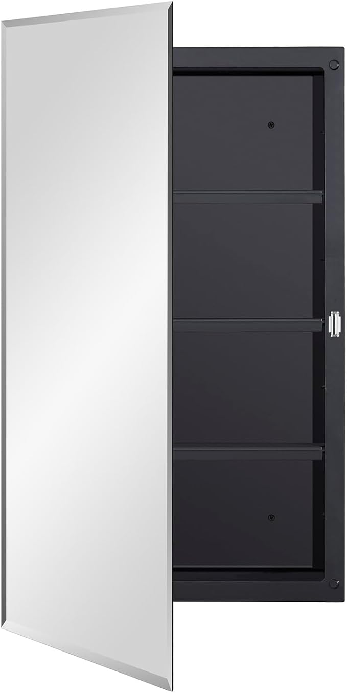 Black Plastic Medicine Mirror Cabinet for Bathroom with 18 x 28 inch Beveled Edge Mirror, Recessed and Surface Mount