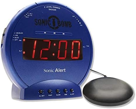 Sonic Alert Sonic Bomb Dual Alarm Clock with Bed Shaker, Blue Vibrating Alarm Clock Heavy Sleepers, Battery Backup | Wake with a Shake