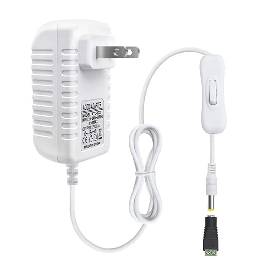 12V Power Supply, 12 Volt 2A 24W DC Power Supply with On Off Switch, White Switching LED Power Adapter, AC 110V to 12V Wall Wart Transformer Plug for LED Strip Lights with 5.5/2.1 DC Female Connector