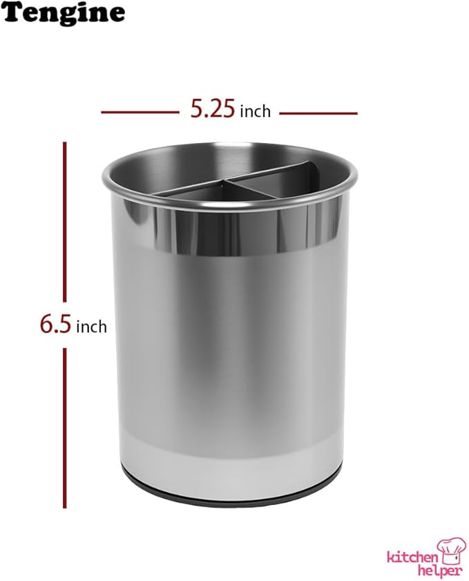 TENGINE Stainless Utensil Holder 360° Rotating 6.5X5.25 Inch Utensil Crocks for Kitchen Counter with Removable Divider Red