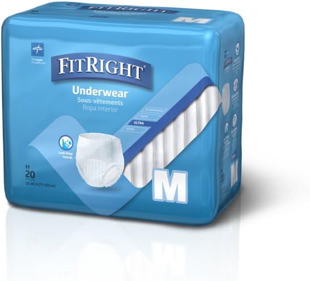 FitRight Ultra Unisex Adult Protective Underwear, Medium Size for Waist 28-40 Inches, Heavy Absorbency, Dependable Incontinence Protection, 80 Count (4 Packs of 20)