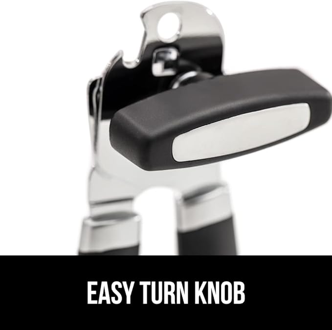 GORILLA GRIP Heavy Duty Stainless Steel Smooth Edge Manual Can Opener, Soft Comfortable Handle, Large Handheld Turn Knob, Built-In Bottle Openers, US Designed, Holiday Prep Kitchen Essential, Black