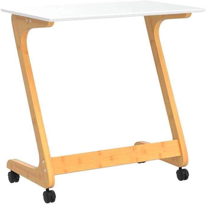 Nnewvante TV Tray Table with Wheels Sofa Side Table with Casters Couch Laptop Desk End Table Snack Tray for Living Room Bedroom Small Spaces White Bamboo Large 29.5'' x 15.8''