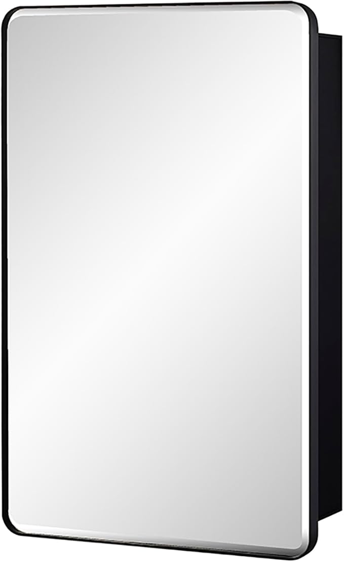 Black Bathroom Mirror Medicine Cabinet with Round Corner Framed Door and Beveled Edge Mirror 15 x 25 inch, Recessed or Surface Mount, with Adjustable Glass Shelves