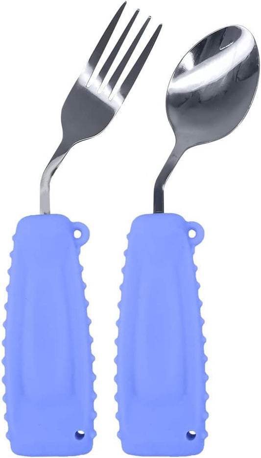 Adaptive Utensils,Curved Angled Spoon and Fork Set,for Tremors Parkinsons Limited or Elderly,Lightweight Cutlery with Non-Slip Easy Grip Handles